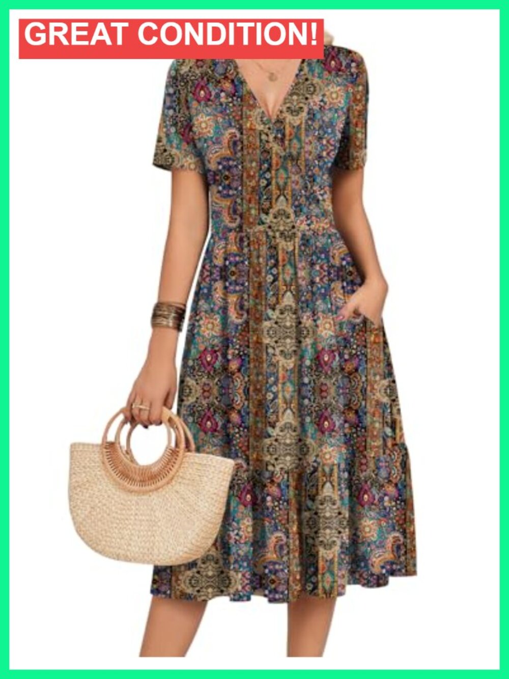 Short Sleeve Midi Wrap V-Neck Floral Tiered A-Line Dress with Pockets